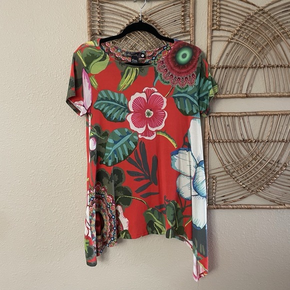 Desigual Tops - Desigual Red Floral Blouse Top Tunic Trapeze Sidetail Boho Artsy Colorful S B3